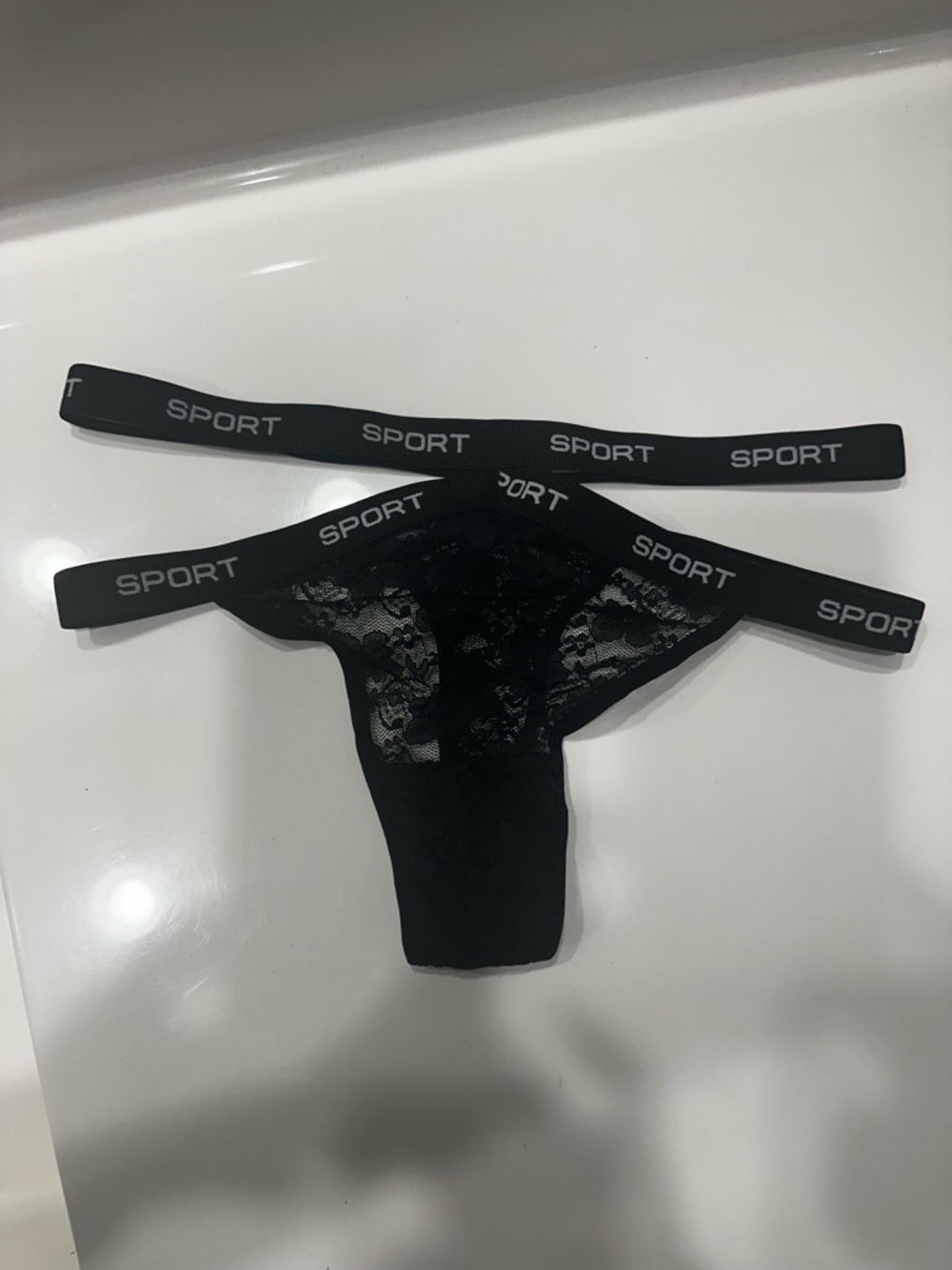 Black Lace Sport Thong with Branded Elastic